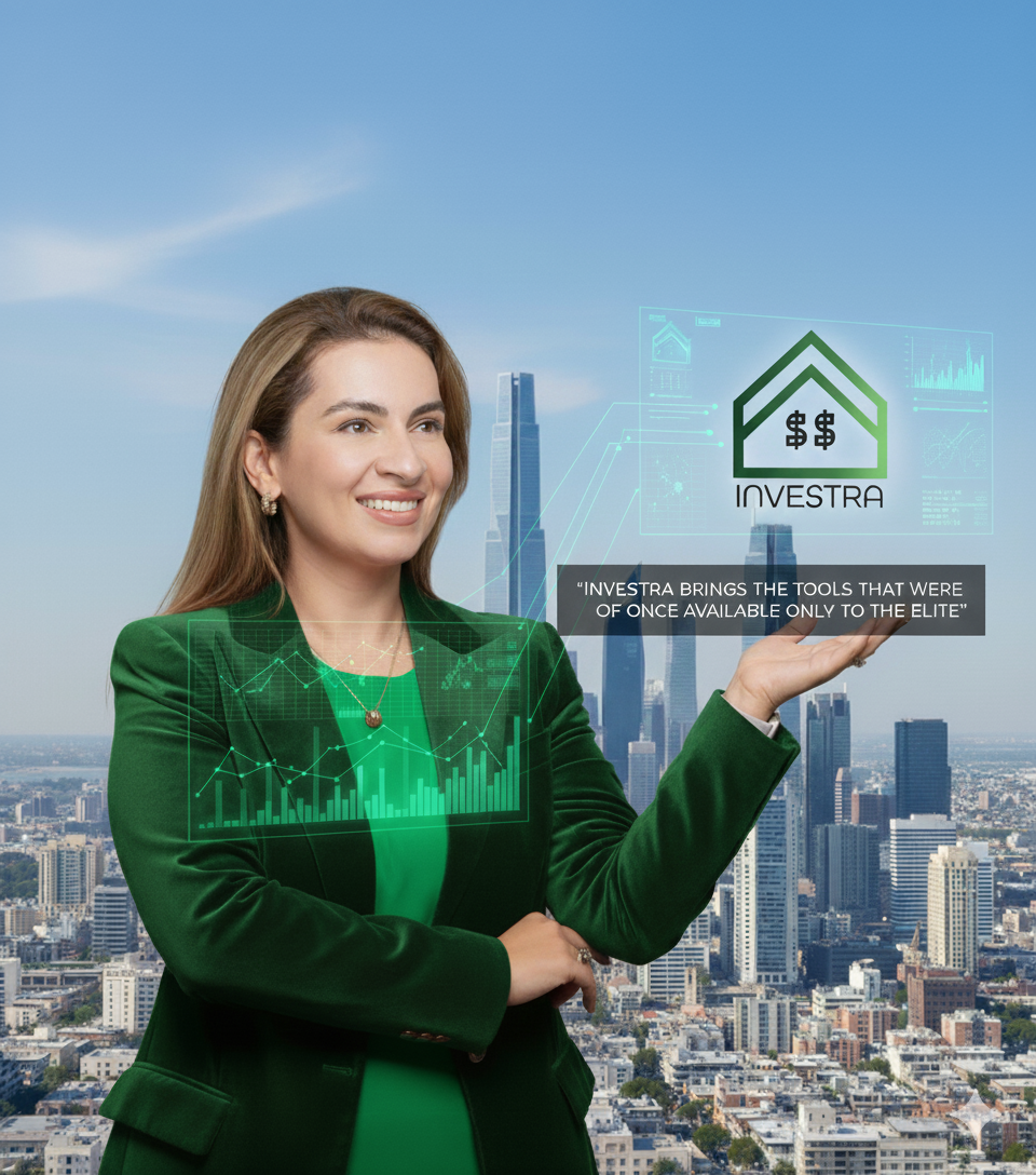 A professional woman presenting Investra's digital tools, with holographic financial data and the Investra logo overlaid on a city skyline, illustrating the democratization of elite investment resources.